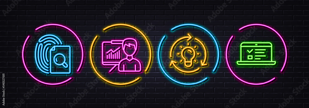 Poster presentation, inspect and idea minimal line icons. neon laser 3d lights. web lectures icons. for web
