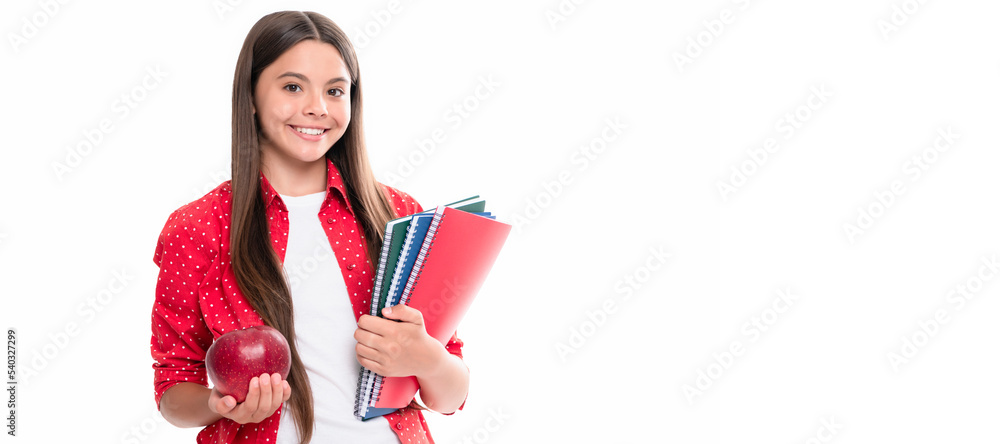 Sticker smiling teen girl with notebook. back to school. child with apple ready to study. horizontal isolate