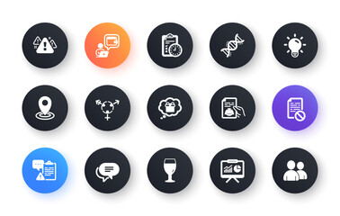 Minimal set of Genders, Location and Chemistry dna flat icons for web development. Gift dream, Exam time, Warning icons. Light bulb, Beer glass, Clipboard web elements. Wrong file. Vector