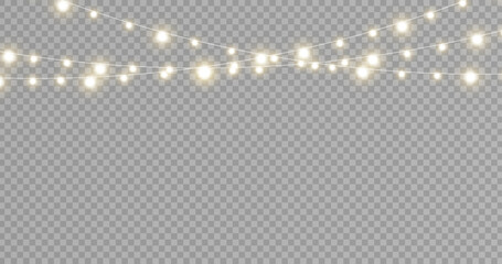 Christmas lights isolated realistic design elements. Glowing lights for Xmas Holiday cards, banners, posters, web design. Stock royalty free vector illustration. PNG