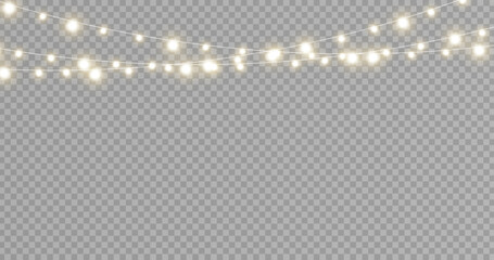 Christmas lights isolated realistic design elements. Glowing lights for Xmas Holiday cards, banners, posters, web design. Stock royalty free vector illustration. PNG