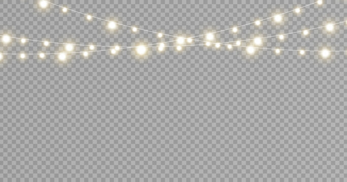 Christmas lights isolated realistic design elements. Glowing lights for Xmas Holiday cards, banners, posters, web design. Stock royalty free vector illustration. PNG