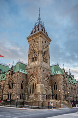 Fototapeta na wymiar The East Block on Canada's Parliament Hill seen rising in the nation's capital.
