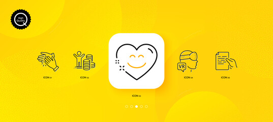 Fototapeta na wymiar Hold document, Smile chat and Augmented reality minimal line icons. Yellow abstract background. Budget profit, Clapping hands icons. For web, application, printing. Vector