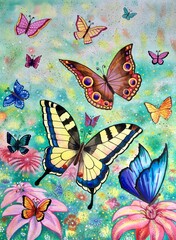 Watercolor butterflies. Colorful background. Design element.