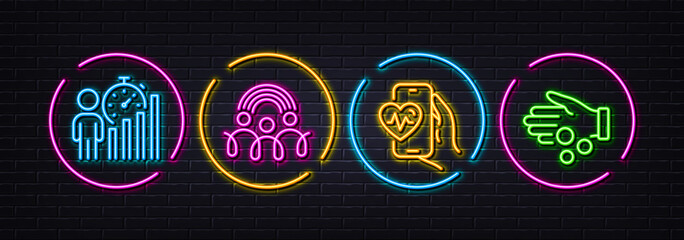 Inclusion, Business statistics and Cardio training minimal line icons. Neon laser 3d lights. Donation money icons. For web, application, printing. Equity rainbow, Working report, Fitness app. Vector