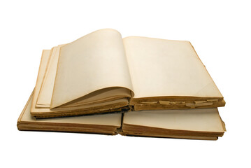 Open ancient book with blank pages, isolated on white background