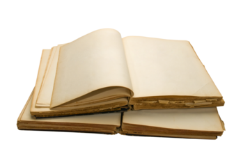 Open ancient book with blank pages, isolated on white background