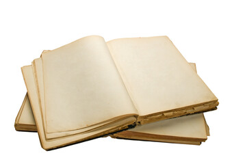 Open ancient book with blank pages, isolated on white background