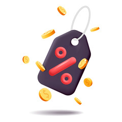 3d vector cartoon render black Friday discount voucher with gold coins design. Premium special price offers red percent sale coupon. Digital marketing, online shopping, promotion concept.