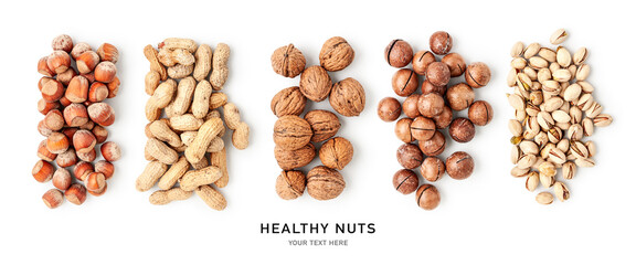 Different nuts on white background. Creative layout.