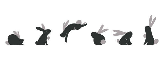 Vector Flat Christmas black rabbits silhouettes in different poses for New Year decoration elements design. Bunny sit, jump, stand. 2023 the year of the rabbit. 