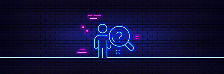 Neon light glow effect. Search employee line icon. Interview candidate sign. Question mark symbol. 3d line neon glow icon. Brick wall banner. Search employee outline. Vector