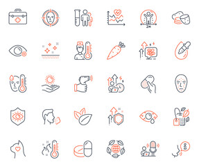 Healthcare icons set. Included icon as Eye drops, Difficult stress and Cough web elements. Potato, Pets care, Carrot icons. Eco organic, Mint bag, Sun protection web signs. Capsule pill. Vector