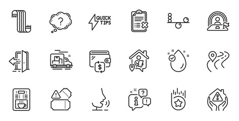 Fototapeta premium Outline set of Question mark, Reject checklist and Lgbt line icons for web application. Talk, information, delivery truck outline icon. Include Tickets, House protection, Vitamin e icons. Vector