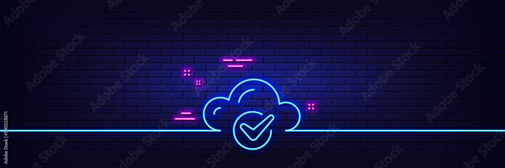 Wall mural Neon light glow effect. Approved cloud computing line icon. Internet data storage sign. File hosting technology symbol. 3d line neon glow icon. Brick wall banner. Cloud computing outline. Vector