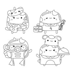Set vector outline illustration of cute cat character for coloring book