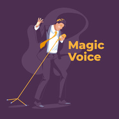Young attractive expressive singer dressed in a suit. Isolated on purple background. Rockabilly, jazz, blues, rock and roll, classical music. Music concerts and shows. Flat vector illustration