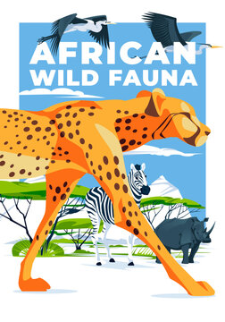 African wildlife poster with big cheetah, rhinoceros, zebra and heron against a savannah landscape background. Vector flat illustration