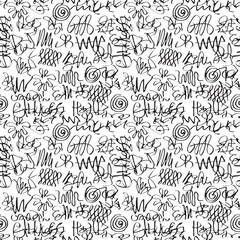 Seamless pattern with abstract doodles in a graffiti style. Vector hand-drawn texture with black squiggles on a white background. Endless background, graphic print for clothes, wrapping paper or Wallp