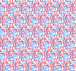 Abstract seamless pattern of curved lines, blue and red