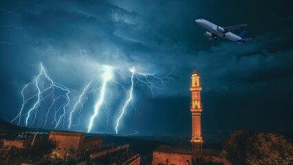 Mardin night lights minaret wtih thunder and an airplane on sky