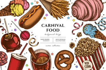Carnival food hand drawn illustration design. Background with retro french fries, pretzel, popcorn, lemonade, hot dog, mulled wine, caramel apple, cotton candy, ice cream cones, lollipop, ribbons.