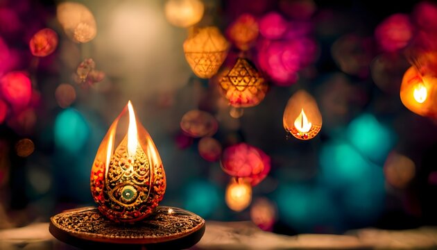 Happy Diwali celebration background. banner design decorated with illuminated oil lamps on patterned background