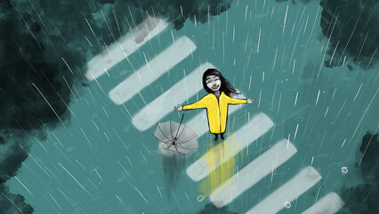 illustration of happy girl smiling under the rain 