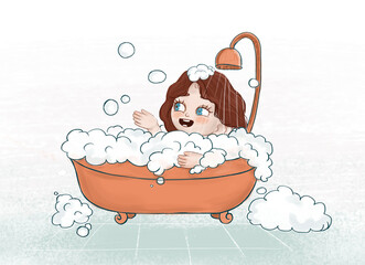 happy cute child having bath illustration