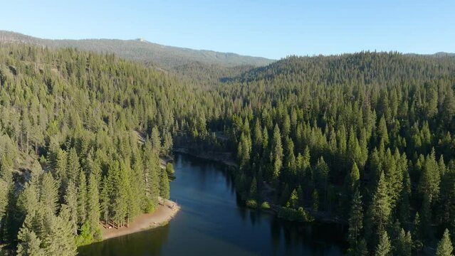 Aerial of Hume Lake reservoir surrounded by a big forest in the Kings Canyon Sequoia National Park
