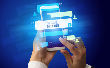 Hand using smartphone with social media concept