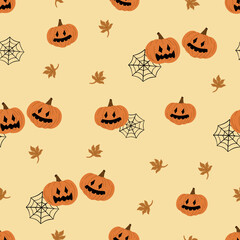 Seamless pattern with halloween pumpkins, web, autumn leaves. Happy Halloween concept. Design for party card, wrapping, fabric, print