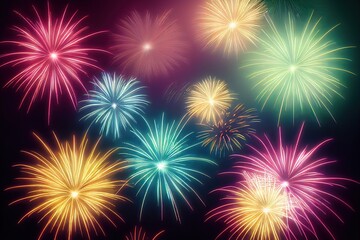 Many festive glowing fireworks in night glowing sparking sky.