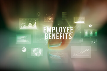 Finger touching tablet with business graphs and icons concept