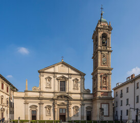 Façade of Saint Stephen's Basilica, church estabilished in 5th century, in Milan city center, Lombardia region, Italy 