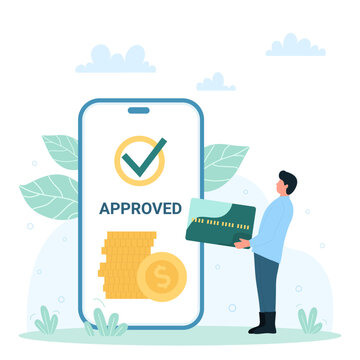 Success of online credit approval in mobile bank app vector illustration. Cartoon tiny character and giant phone with approved credit and stack of money on screen, virtual transaction and payment