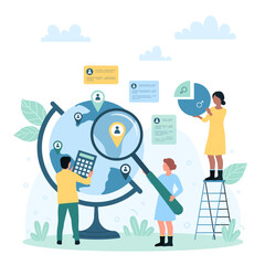 Sociology, demographic analysis of society, human resources vector illustration. Cartoon tiny people look through magnifying glass at profile location pin on globe, work with network community - obrazy, fototapety, plakaty