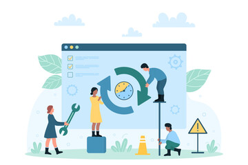 Process of downloading new software version vector illustration. Cartoon tiny people update and reload operation system, characters load digital product on computer and refresh download status