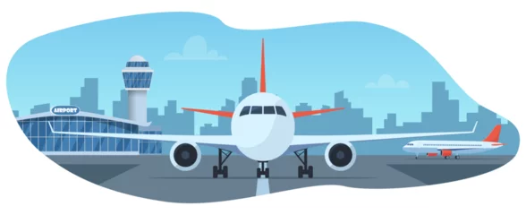 Fotobehang Airport terminal building, control tower and big aircraft on runway. City building silhouettes on background. Time to travel. Travel concept, vector illustration, flat. © Alena