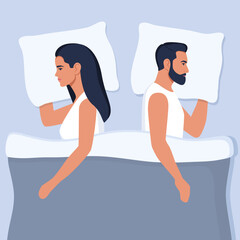 Young couple on bed turned back each other. Intimate, depressed couple, married or sexual problems. Misunderstanding, disagreement, relationship troubles. Man and woman in quarrel. Vector.