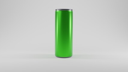 Realistic aluminium high can or tin for mineral water or soda in green colour isolated on white background. Minimal concept. 3D render 