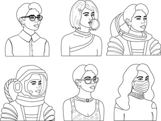 A set of female avatars in simple linear style. A concept of women equality. Trendy avatars for social media. Different professions, modern lifestyle through girls point of view.