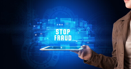 Person holding tablet, security concept