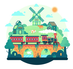 Train runs over the bridge in the countryside - Vector cartoon illustration in flat stile