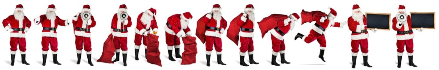 set collection collage of santa claus red white various poses situations funny traditional isolated background