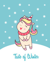 Greeting holiday card with cute Unicorn catching snowflakes for Merry Christmas and New Year design.