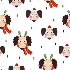 holiday Seamless pattern with cartoon dog, decor elements. colorful vector for kids, flat style. hand drawing. Baby design for fabric, textile, print, wrapper.