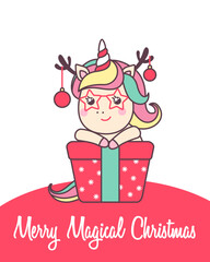 Greeting holiday card with cute Unicorn holding gift for Merry Christmas and New Year.