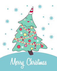 Greeting card with cute Christmas tree in kawaii style for holiday design.